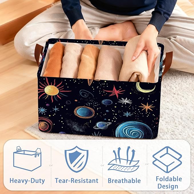 Celestial Planet Collapsible Storage Box,Sun Star Organizer Bin with Handles for Room Decoration,Bins Book Basket Box 17x11.5x10Inch