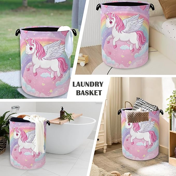 Cute Unicorn Laundry Basket,Rainbow Foldable with Handles Tote Bag Oxford Cloth for Bathroom Bedroom Dirty Clothes Storage Bucket 16" x 20.8"