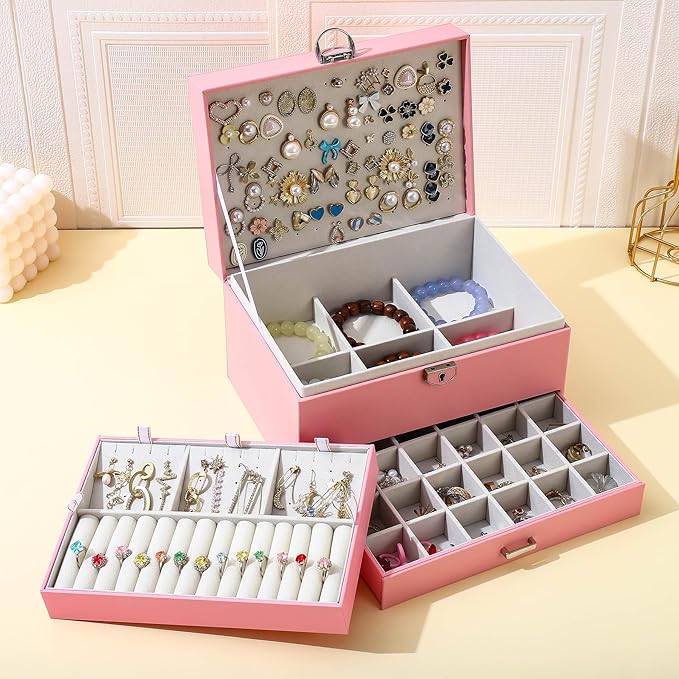 BOOVO Earring Jewelry Box For Women Girl Stud Organizer, 5 Layers Girl Jewelry Organizer Box With Lock Earring Holder Organizer Necklace Ring Jewelry Organizer Box For Girls (Pink)