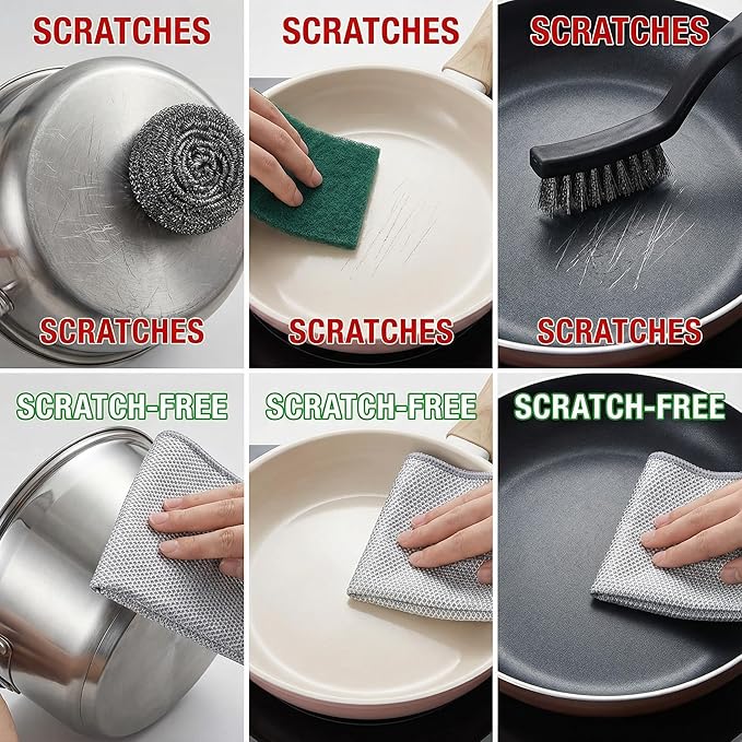 Non Scratch Wire Dishcloth, 12 Pack 7.8x7.8 Inch Wire Dishwashing Rag - Washable & Quick-Drying Cleaning Pads Steel Scrubber for Cookware, Sinks, Dishes, Stove Tops, Multi-Surface Safe