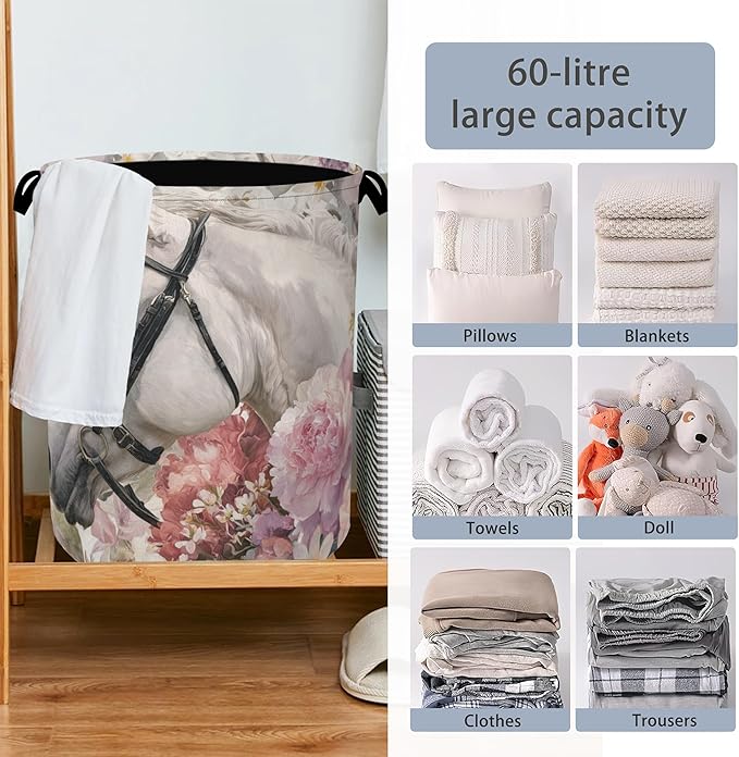Horse Laundry Hamper,Pink Flowers Dirty Clothes Laundry Basket with Handles Waterproof Oxford Cloth Storage Basket for College Dorms Bathroom Bedroom 16" x 20.8"