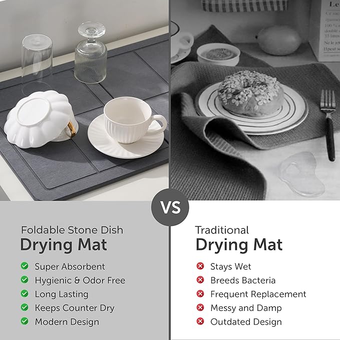 Large Stone Dish Drying Mat for Kitchen Counter, 2PCS Quick Dry Stone Dishes Mats, Detachable Water Absorbing Diatomaceous Earth Drying Pad for Bottles Dish Cups(Dark Gray 24"×16" & 8"x5")