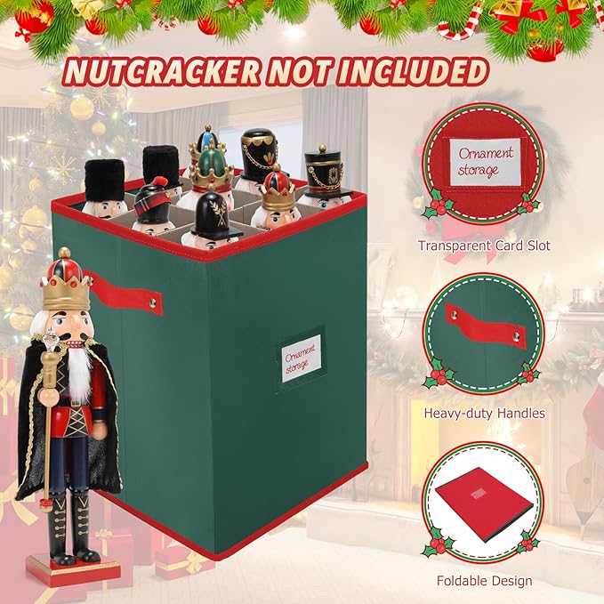 Christmas Nutcracker and Figurine Storage Box, Keeps 9 16" Tall Holiday Nutcrackers, Figurines, and More -Xmas Decor Collectible Organizer with Adjustable Dividers, 600D Oxford Fabric Tear-Proof