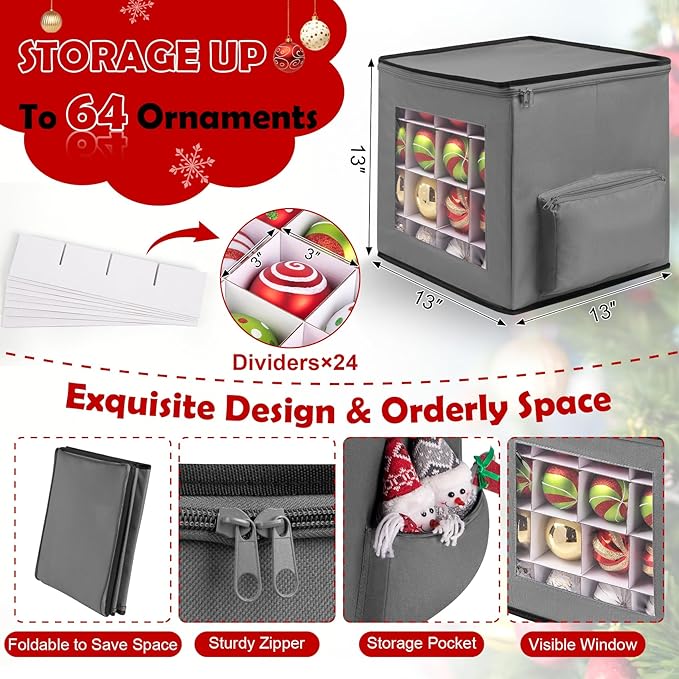 Christmas Ornament Storage Box, Premium Ornaments Organizer with Adjustable Dividers Pockets Clear Window Store Up to 64 Holiday Ornaments Storage Container Bin Zippered for Christmas Decorations Grey