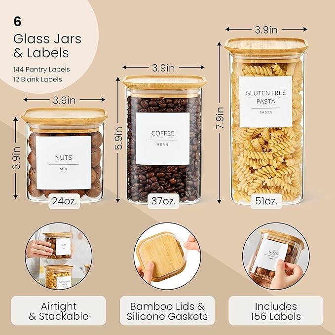 Talented Kitchen Square Glass Food Storage Containers - Airtight & Labeled Glass Kitchen Storage Containers - Space-Saving Stackable Square Pantry Jars - Pack of 6, 24/37/51 fl oz