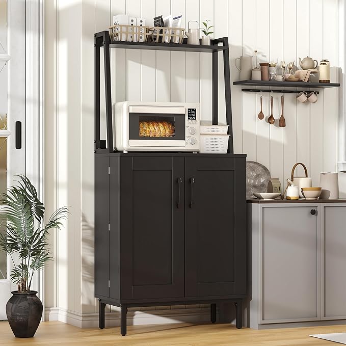 Semoic 51" Pantry Cabinet, Kitchen Storage Cabinet with Storage Shelves, Modern Kitchen Hutch with Microwave Stand, Adjustable Shelves, Food Pantry Cabinet for Dining Room (Black)