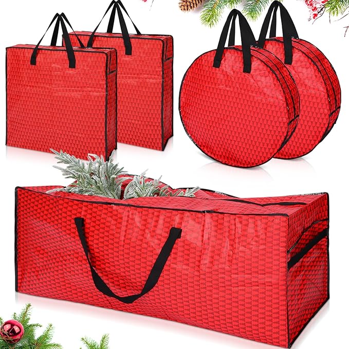 5 Pack Christmas Storage Bags Red, 7.5 ft Christmas Tree Large Bag, 24" Wreath Containers and 25" Garland Packing Tote Moving Bags with Handle Zipper for Artificial Xmas Tree Wreath Garland