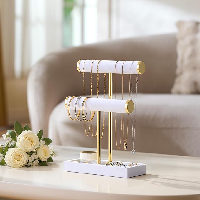bussdis 2 Tier Bracelet Holder Display - Detachable T Bar White Velvet Bracelet Holder, Jewelry Holder Organizer for Bracelet, Necklace, Earrings, Rings