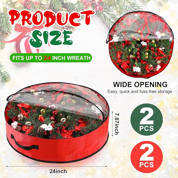 Aliceset 4 Pack Wreath Storage Containers, Christmas Ornament Garland Wreath Storage Bags with Handle Dual Zipper Large Decorative Storages Box for Winter Wreaths(24 x 24 x 7.8 Inch,Red, Green)