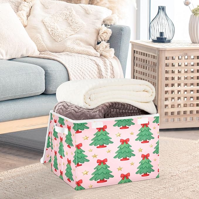 Christmas Tree Bow Stars Storage Bins with Lids Foldable Storage Basket with Handles Collapsible Large Fabric Organizer Containers for Clothes Shelves Closet Office Home