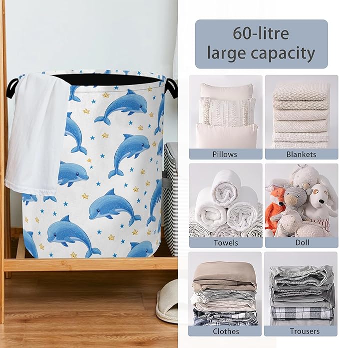 Cute Dolphins Laundry Basket,Stars Foldable Oxford Cloth Tote Bag Laundry Hamper Clothes Storage Bucket Organizer for Bedroom Laundry Storage Dormitories 16" x 20.8"