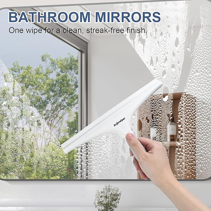 Anjinwiper Silicone Shower Squeegee with Hook, Bathroom Squeegee for Shower Glass, Squeegee for Shower Doors, Mirror and Window, Shower Squeegee for Tile Shower Walls(10 inch, White & Gray)