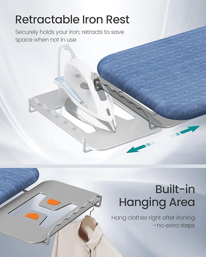 SONGMICS Ironing Board, Retractable Iron Rest, Foldable Iron Board, 43 x 13 Inches, Space-Saving, Height Adjustable, Padded with Cover, Hook, Midnight Blue ULLB003QP03S