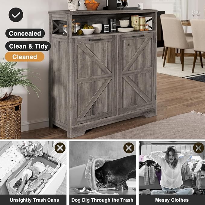 Tilt Out Trash Can Cabinet for 13 * 1 Gallon Trash Can, Farmhouse Kitchen Island Cabinet with Adjustable Shelf for Hidden Laundry Basket, Dog Proof Garbage Can for Dining Living Room, Grey