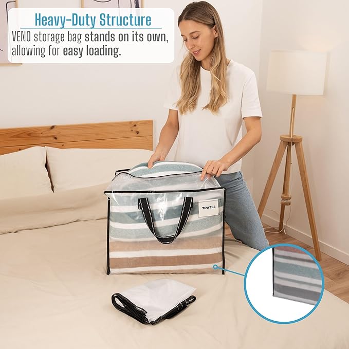 VENO 4 Pack Moving Bags, Christmas Storage Containers, Storage Totes, Zipper On Top, Sturdy, Storage Bags for Camping, Clothes, Bedding, Comforters, Pillows (13 Gallon Clear, 4 Pack)