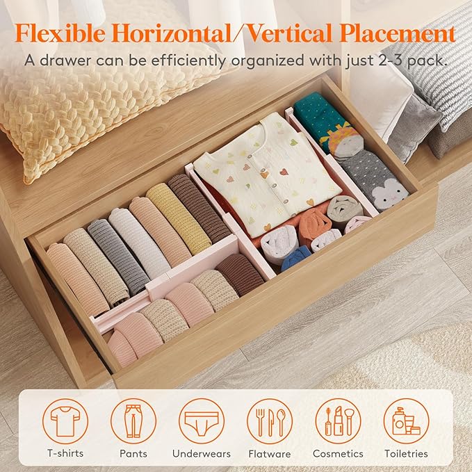 Lifewit 10 Pack Drawer Dividers Plastic 4" High, 11-17" Adjustable Drawer Organizers for Clothes, Expandable Dresser Separators in Bedroom/Bathroom/Kitchen/Office Organization and Storage, Pink