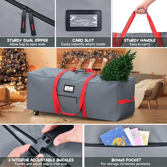 Mrrihand Christmas Tree Storage Bag, Large Artificial Anti-Tear Heavy-Duty 600D Oxford Cloth Xmax Christmas Tree Storage Box with Rolling Wheels, Christmas Tree Storage Container (Grey&Red, 9Ft)