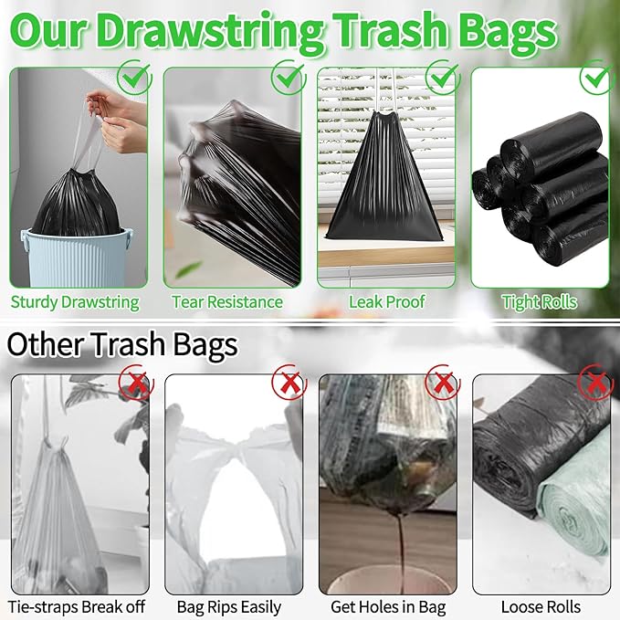 300 Count Small Drawstring Trash Bags for 2.6-Gallon (10 L) Trash Cans, Thick Pre-separated Garbage Bags, Mini Wastebasket can Liners for Bathroom Bedroom Office(Black)