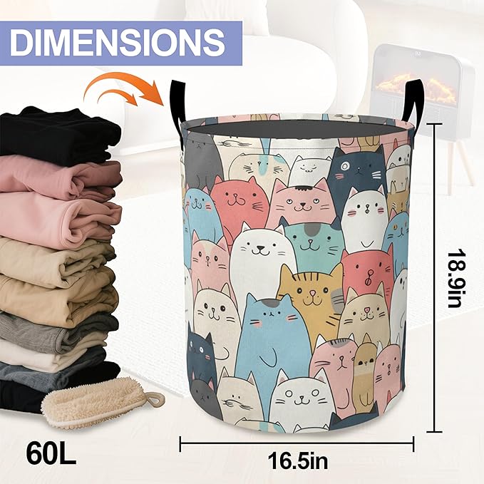 Laundry Basket-Cute Cartoon Cat Foldable Waterproof Oxford Cloth Funny Tote Bag Laundry Hamper Clothes Storage Bucket Organizer For Bathroom/Laundry Storage/Bedroom Storage Basket