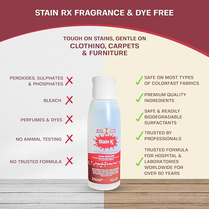 Stain Rx Stain Remover, Effectively Eliminates Stains from Wine, Berries & Blood on Fabrics, Carpets, Upholstery & Jewelry, Dye-Free, Bleach-Free, Made in USA, 2 fl. oz. (6 Pack) with a Flip-Top Cap