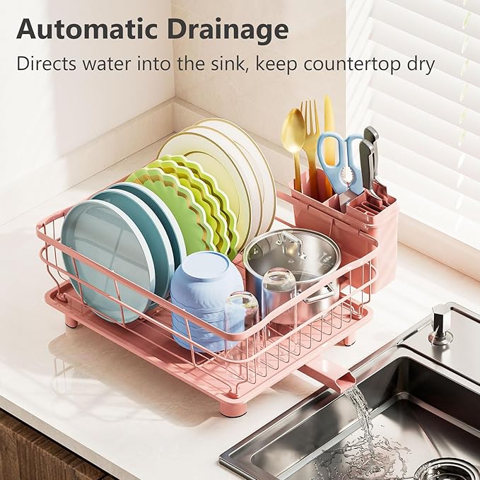 AIDERLY Iron Dish Drying Rack Auto Drain Dish Drainers Kitchen Counter Strainer with Draining Tray, Pink