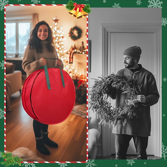 Wreath Storage Container, Christmas Wreath Storage Bags for 2 Wreath with Dual Zipper and Handles, Dust, Pest Protection,Holiday Wreaths Storage Holder 24” (RED)