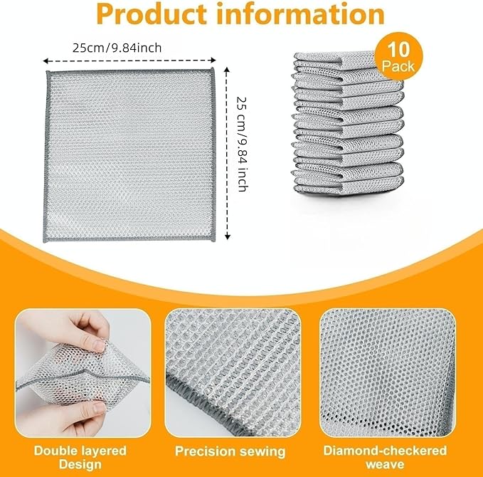 UFOGIFF Extra-Large Size Multipurpose Wire Dishwashing Rag,Non Scratch Wire Dishcloth, Reusable Steel Wool Scrubber,Non-Scratch,Quick-Drying,Multi-Purpose for Kitchen,Bathroom Cleaning (10)