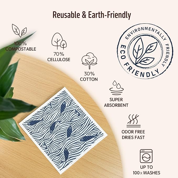 Augine Swedish Dishcloths, 5 Pack Swedish Dishcloths for Kitchen, Super Absorbent, Biodegradable, Quick Drying, Dishwasher Safe