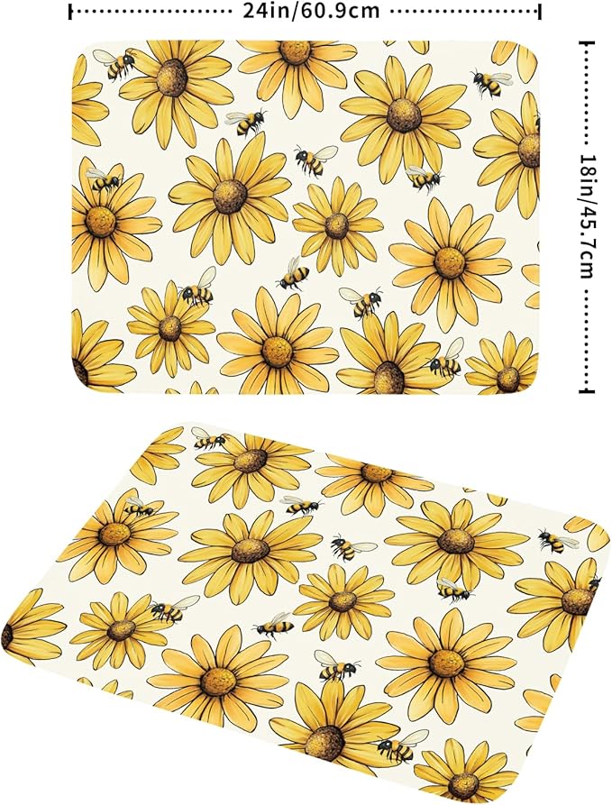 ABSOP Spring Summer Sunflower Bee Dish Drying Mat of Kitchen Counter 18×24 Inch Floral Drainer Pad Flower Dish Rack Pad Drainer Mat Washable Absorbent Reversible Microfiber for Coffee Bar