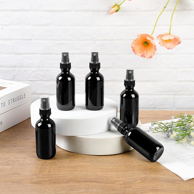 BILLIONSTARS 24 Pack 2oz Glass Boston Round Bottle with Fine Mist Sprayer - UV Black - Essential Oils, Bath, Beauty, Hair & Cleaning - Leakproof Travel Bottles