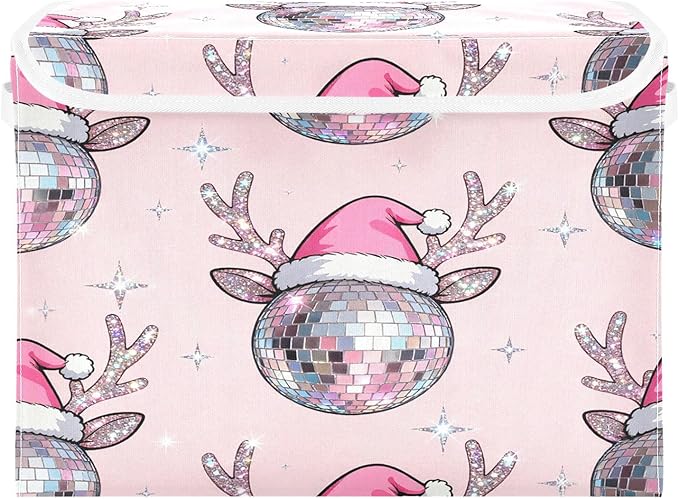 Christmas Disco Ball Reindeer Storage Bins with Lids Foldable Storage Basket with Handles Collapsible Large Fabric Organizer Containers for Clothes Shelves Closet Office Home