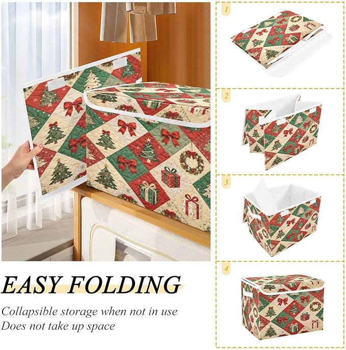 Christmas Tree Bow Gift Storage Bins with Lids Foldable Storage Basket with Handles Collapsible Large Fabric Organizer Containers for Clothes Shelves Closet Office Home