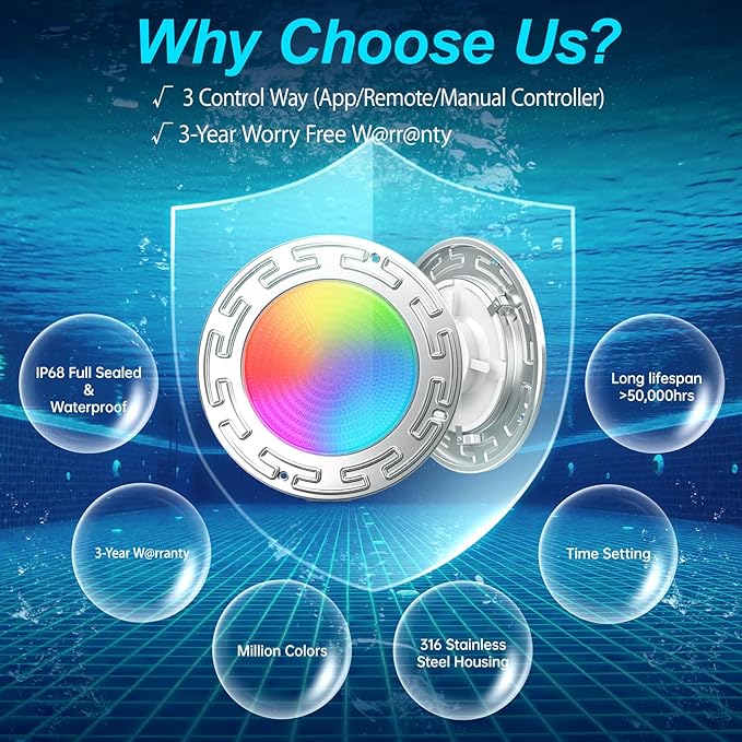 60FT 10Inch 60W Led Smart Pool Lights for Inground Pool with 3 Control Way (App/Remote/Controller), Led Color Changing Underwater Swimming Pool Light for 10" Large Wet Niches