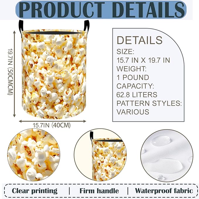 Popcorn Laundry Basket Hamper 19.7"x15.8", Fun Food Foldable Waterproof Oxford Clothes Storage Bucket for Room Bathroom Bedroom Nursery Decor, Toy Organizer Bins Gifts for Kids Boys Girls