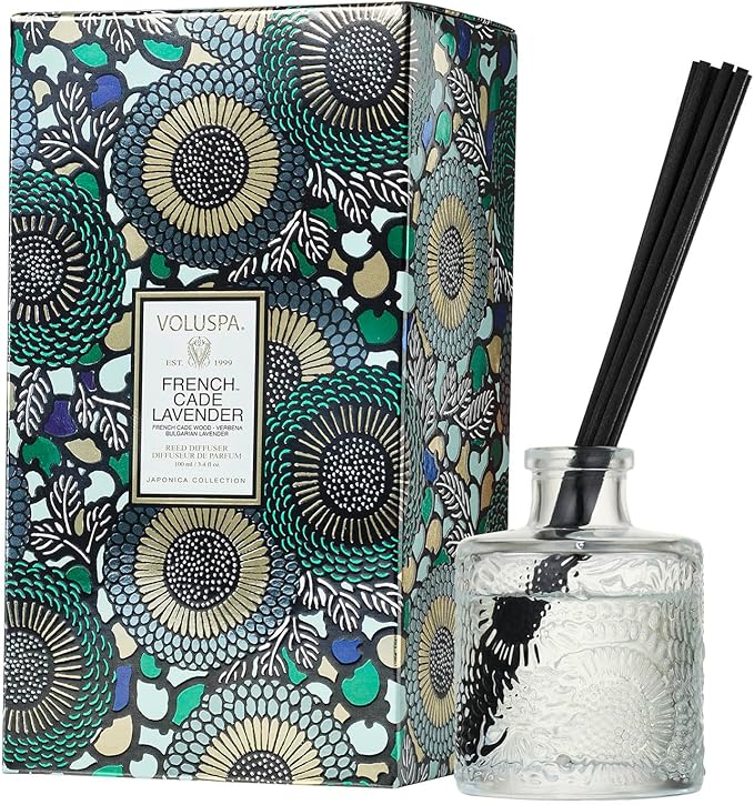 Voluspa French Cade Lavender Scented Reed Diffuser, 3.4 oz, Luxury Woody Lavender Diffuser, Oil Reed Diffusers for Home, Handcrafted in The USA