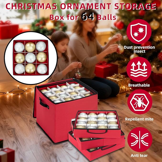 Christmas Ornament Storage Box With Adjustable Dividers,Ornament Storage Container With 4 Removable Trays for 64 Holiday Decorations,Red