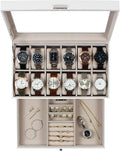 GUKA Watch Box, 12 Slot Watch Case, Watch Cases for men with Real Glass Lid, Synthetic Leather Watch Organizer storage with Jewelry Case, Birthday for Men and Women, White, GK-012-WTC