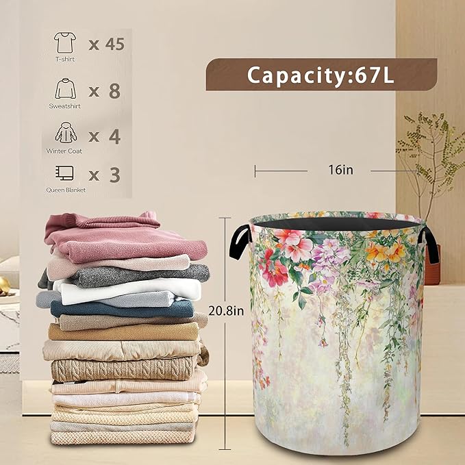 Abstract Colorful Flowers Laundry Basket,Watercolor Painting Collapsible Laundry Baskets with Handles,Waterproof Oxford Cloth Storage Basket 16"x20" for Bathroom/Bedroom/Dormitories