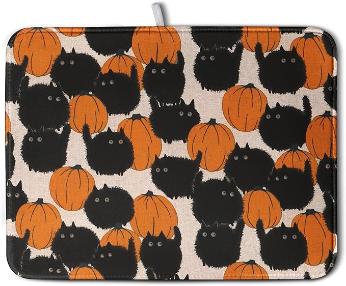 Happy Halloween Dish Drying Mat for Kitchen Counter 18x24 Inch Cute Pumpkin Black Cat Trick or Treat Drying Mats Large Microfiber Absorbent Dish Rack Pad for Coffee Bar Sinks Home Accessories