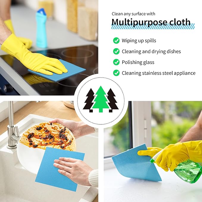 HOMERHYME Swedish Dishcloths, 10 Pack Kitchen Towels Dish Rags, Absorbent Swedish Dish Towels for Kitchen, Non-Scratch Cellulose Sponge Cloths, Biodegradable Washable Reusable Paper Towels, Blue