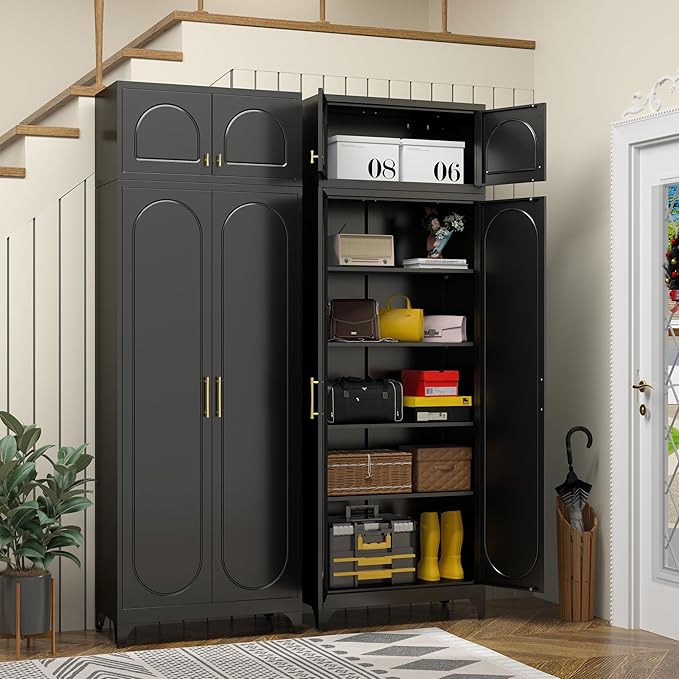 Metal Storage Cabinet with Doors and Shelves, 90" Tall Kitchen Pantry Storage Cabinets, Balck Pantry Closet, Steel Large Cupboard, High Leveling Feet- Assembly Required