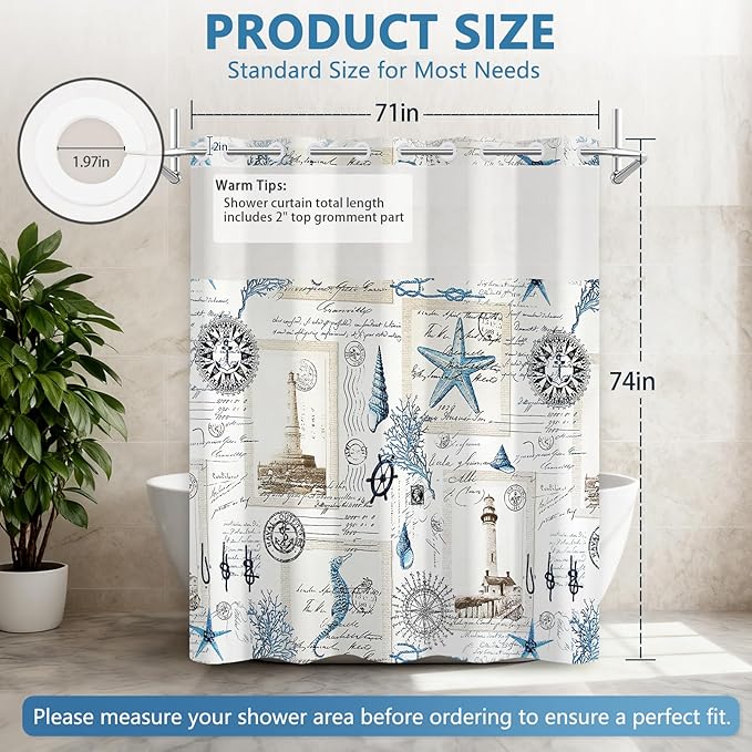 No Hook Vintage Nautical Shower Curtain with Waterproof Snap-in Liner, Ocean Themed Stamps Retro Shower Curtain with Mesh Top Window, Quick Dry Cloth Shower Curtains for Bathroom, 71"W x 74"L