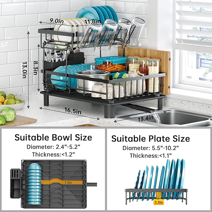 IMXSUMDA Dish Drying Rack, 2 Tier Dish Racks for Kitchen Counter, Compact Drying Rack Kitchen, Rust-Resistant Dish Drainer, Detachable Space-Saving Dish Rack with Drainboard, Utensil Holder, Black