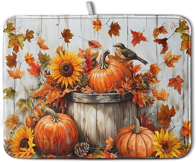 Wnoesat Fall Dish Drying Mat for Kitchen Counter Pumpkin Sunflower Maple Leaf Birds Drying Mats Autumn Thanksgiving Harvest Dish Drainer Mat Absorbent Microfiber Dishes Pad Large 18x24 Inch