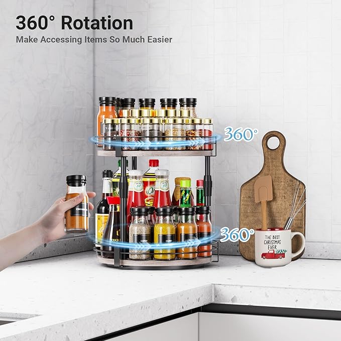 Across-Star Lazy-Susan-Organizer-Spice-Rack, 2-Tier Rotating Spice Organizer For Kitchen-Cabinet-Countertop-Pantry, Turntable Seasoning Holder Storage Shelf With Adjustable Height
