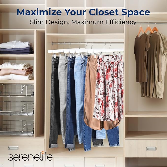 SereneLife 20 Pack Skirt and Pant Hanger with Adjustable Non-Slip Steel Clips, Premium Wooden, 360° Swivel Hook & 10 lb Capacity – Space-Saving Heavy-Duty Hangers for Jeans, Shorts & Slacks (White)