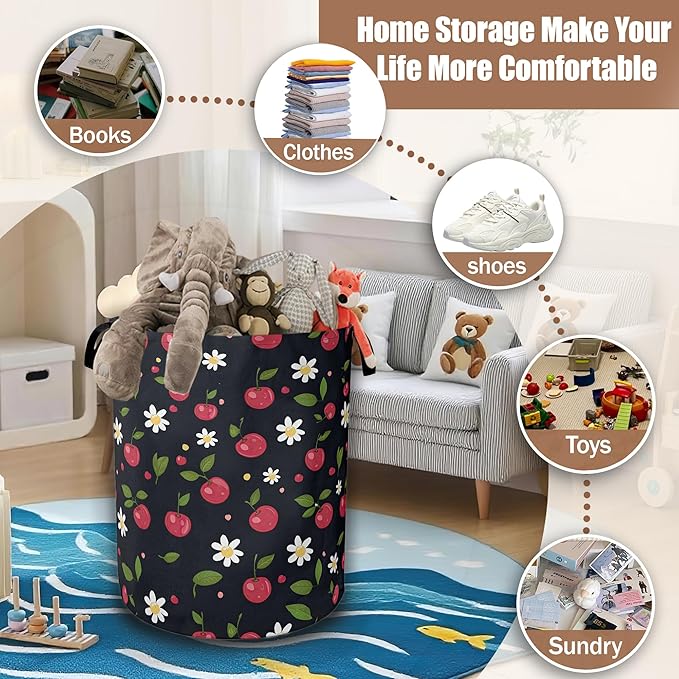 Laundry Hamper,Cherry Collapsible Laundry Baskets Waterproof Oxford Cloth With Handles,Clothes Storage Bucket Toy Organizer For Bathroom/Nursery/Bedroom 16" x 20.8"