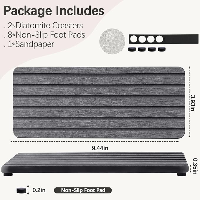 NiuYichee 2 PCS Water Absorbent Diatomite Coasters (9.5" x 4"), Grooved Design, Water Absorbing Stone Used for Hand Soaps & Plants & toiletries in The Modern Home