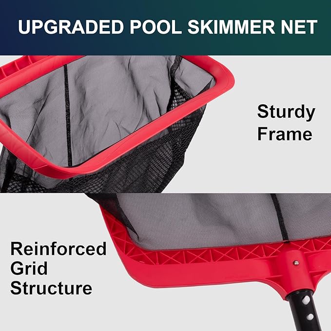 Pool Skimmer Net, Upgraded Pool Net Skimmer with Double-Layer Netting Bag, Larger Capacity Pool Nets for Cleaning Finest Debris, Thickened Frame Pool Leaf Net Reinforced with Grid Structure