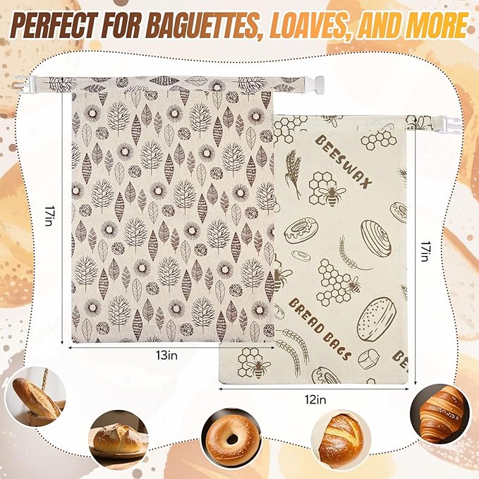 2 Pack Reusable Beeswax Storage Bags – Sourdough Bread Bags for Homemade Organic Cotton Waxed Food Bags for Freezer & Refrigerator Safe, Eco-Friendly Reusable Wraps to Keep Baked Goods Fresh Longer